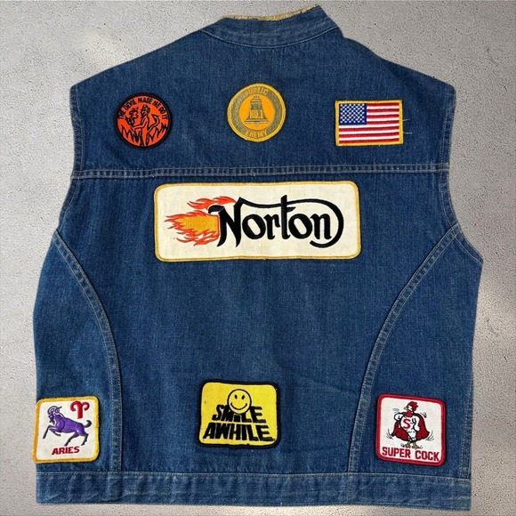 Gauchos Other - Vintage 70s Gauchos Denim Biker Vest Norton Motorcycle Patches Hippie Union Made